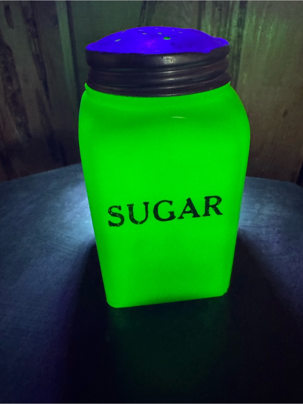 Vintage Uranium Glass Sugar Shaker Jadeite Green UV Glow Metal Lid Canister
